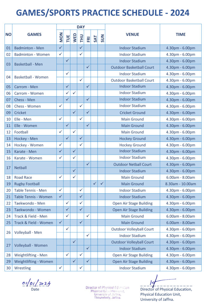 Games/Sports Practice Schedule 2024 Notice